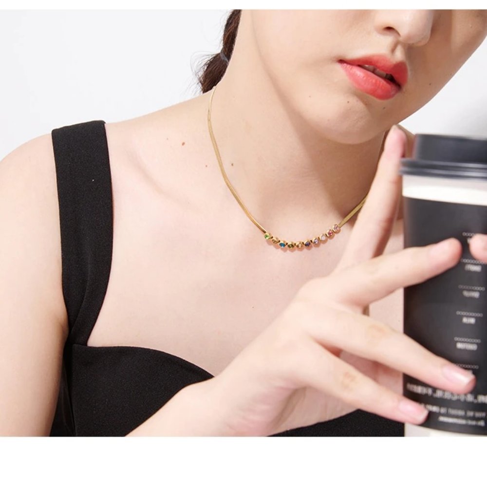 New 18K Gold Plated Multi Color Rainbow Colorful Gemstone Herringbone Necklace - Picture 5 of 7